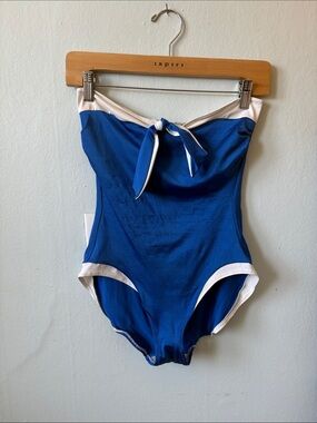 Classic Strapless One-Piece Swimsuit in Royal Blue with White Trim